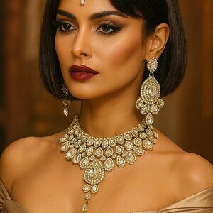 Brand New Indian Rose Gold Kundan Choker Earrings Headpiece Jewelry Set